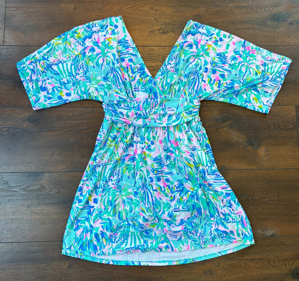 Lilly Pulitzer Parigi Skort Romper Dress Tropical Blue Pink Kimono Sleeve, XS